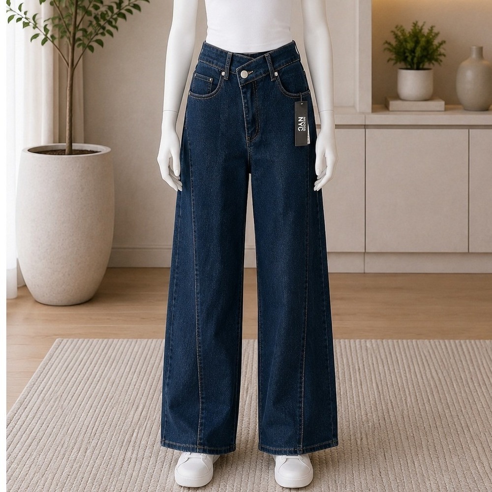 Madden NYC Womens Wide Leg Jeans Crossover Waist Blue Denim Medium 8-10